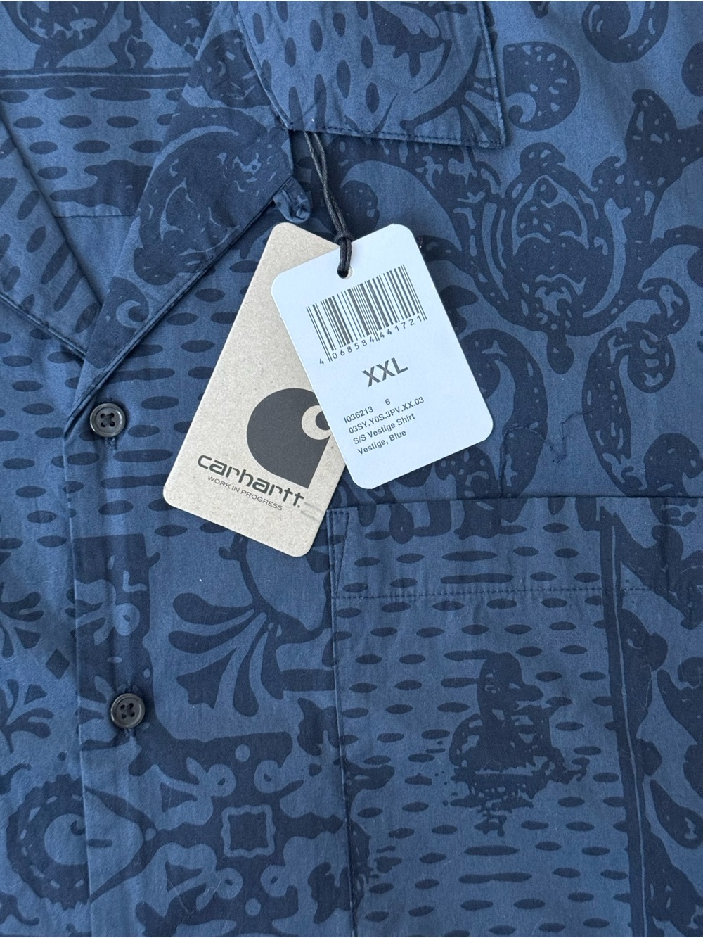 Carhartt Work In Progress Navy Blue Bandana Print Camp Collar Shirt Sleeve Shirt - Picture 6 of 8